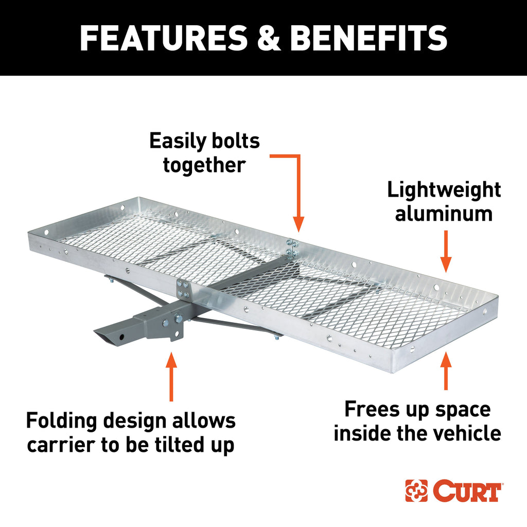 CURT 18100 60" x 20" Aluminum Tray Cargo Carrier (Folding 2" Shank, 500 lbs.)