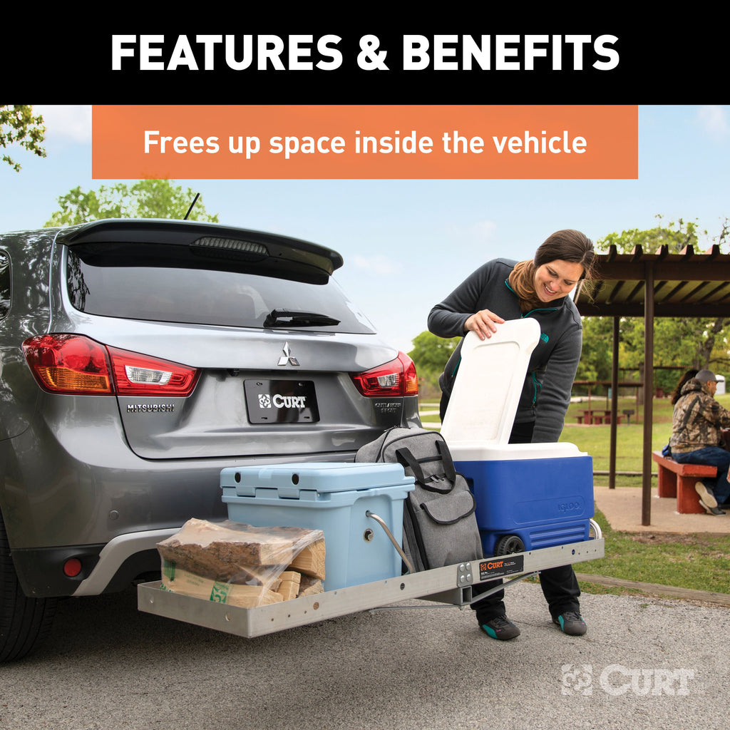 CURT 18100 60" x 20" Aluminum Tray Cargo Carrier (Folding 2" Shank, 500 lbs.)