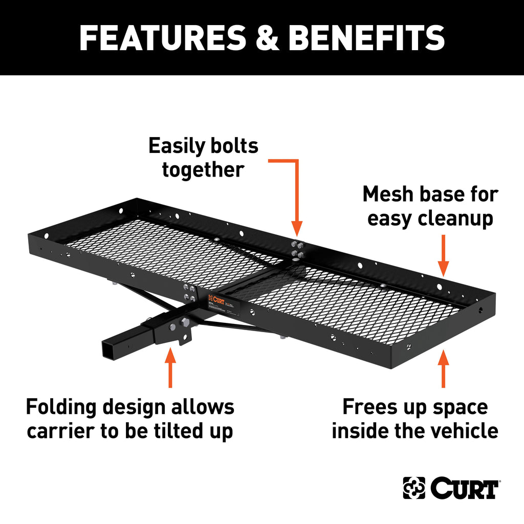 CURT 18109 60" x 20" Black Steel Tray Cargo Carrier (Folding 2" Shank, 500 lbs.)