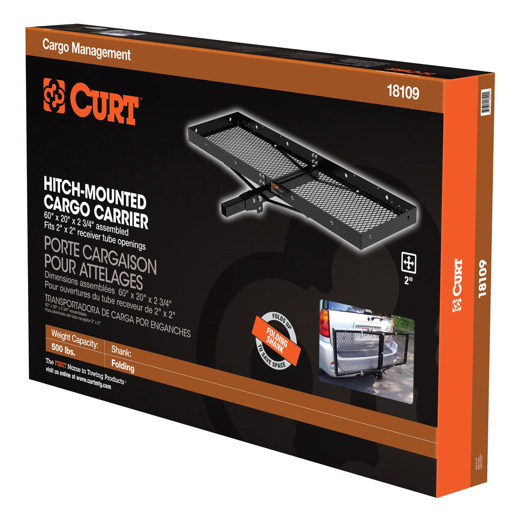 CURT 18109 60" x 20" Black Steel Tray Cargo Carrier (Folding 2" Shank, 500 lbs.)