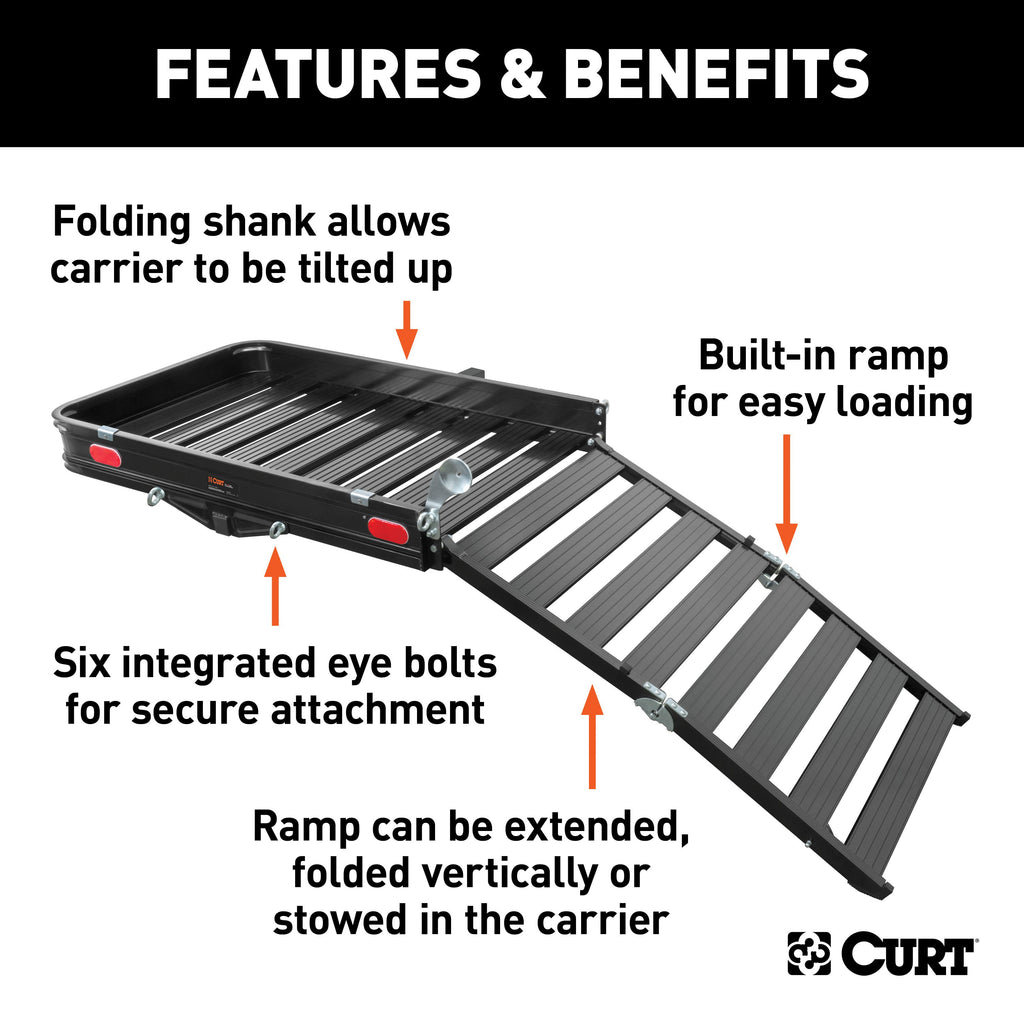 CURT 18112 50" x 30" Black Aluminum Hitch Cargo Carrier with Ramp (Folding 2" Shank)