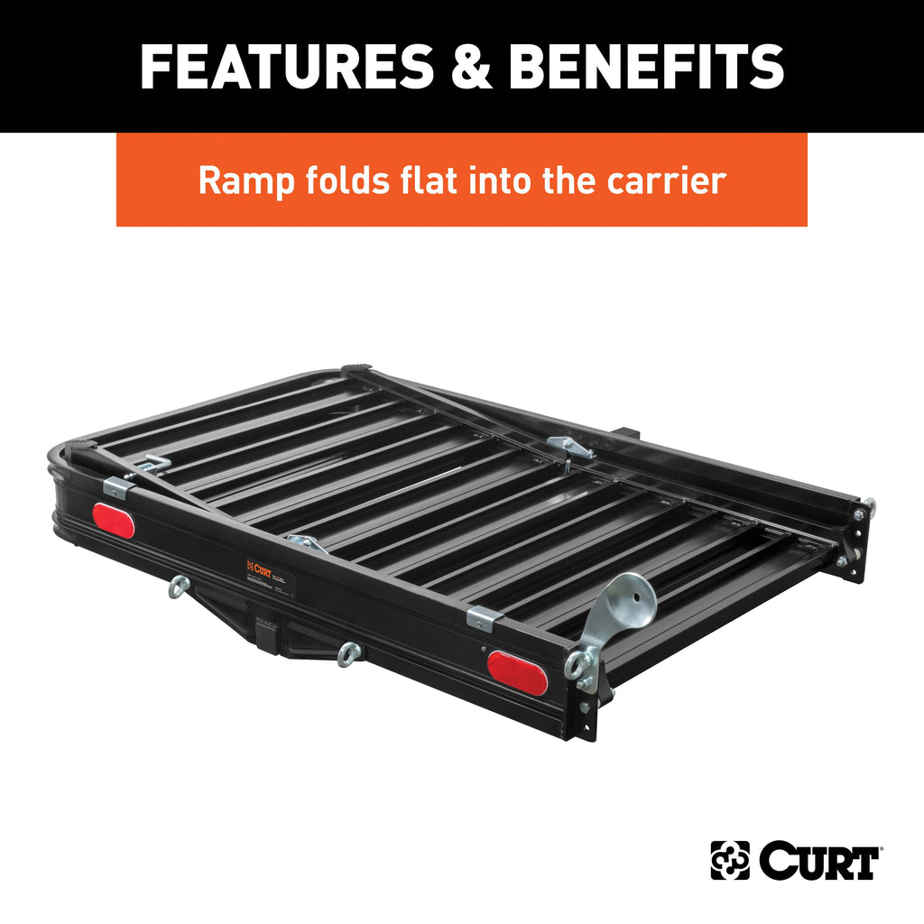 CURT 18112 50" x 30" Black Aluminum Hitch Cargo Carrier with Ramp (Folding 2" Shank)