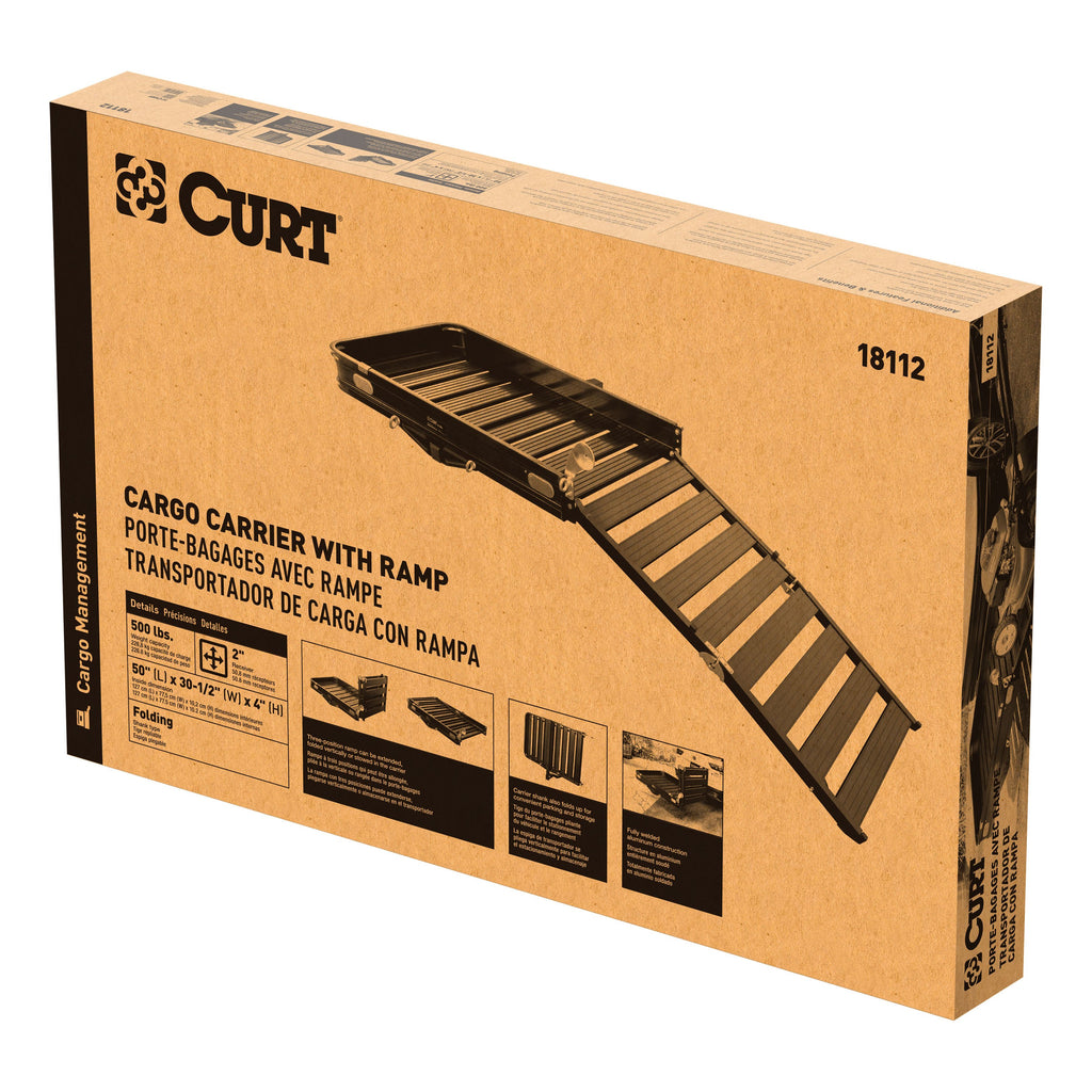 CURT 18112 50" x 30" Black Aluminum Hitch Cargo Carrier with Ramp (Folding 2" Shank)
