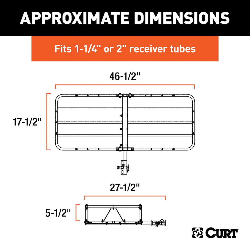 CURT 18145 48" x 20" Black Steel Basket Cargo Carrier (1-1/4", 2" Adapter, 500 lbs.)