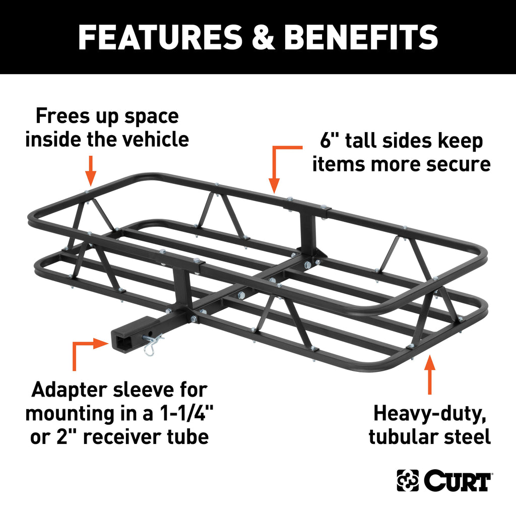 CURT 18145 48" x 20" Black Steel Basket Cargo Carrier (1-1/4", 2" Adapter, 500 lbs.)