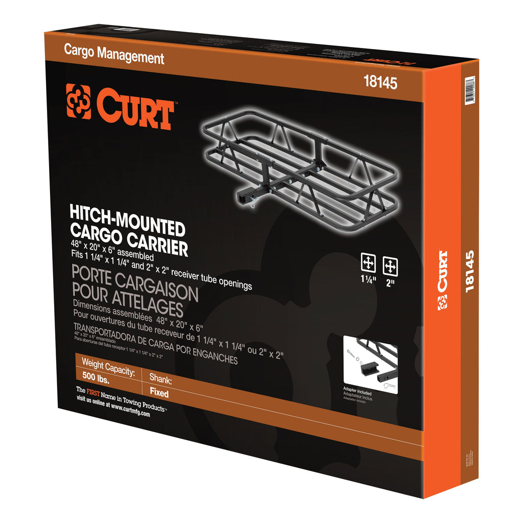 CURT 18145 48" x 20" Black Steel Basket Cargo Carrier (1-1/4", 2" Adapter, 500 lbs.)