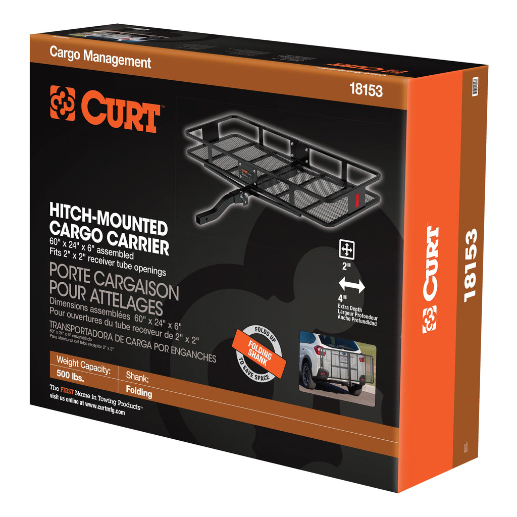CURT 18153 60" x 24" Black Steel Basket Cargo Carrier (Folding 2" Shank, 500 lbs.)