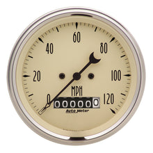 Load image into Gallery viewer, AutoMeter 1879 GAUGE, SPEEDO., 3 3/8", 120MPH, ELEC. PROG. W/ WHEEL ODO, ANTQ BEIGE