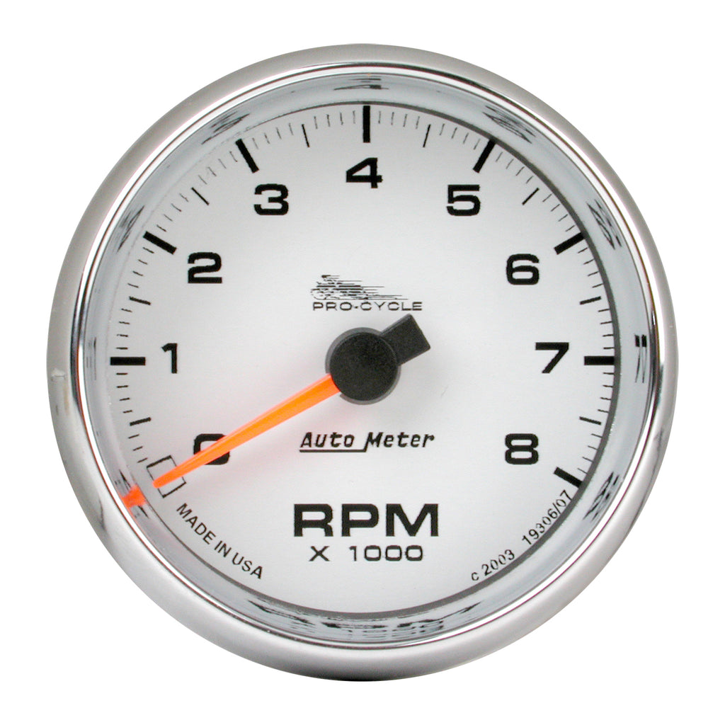 AutoMeter 19307 GAUGE, TACH, 2 5/8", 8K RPM, 2&4 CYLINDER, WHITE, PRO-CYCLE