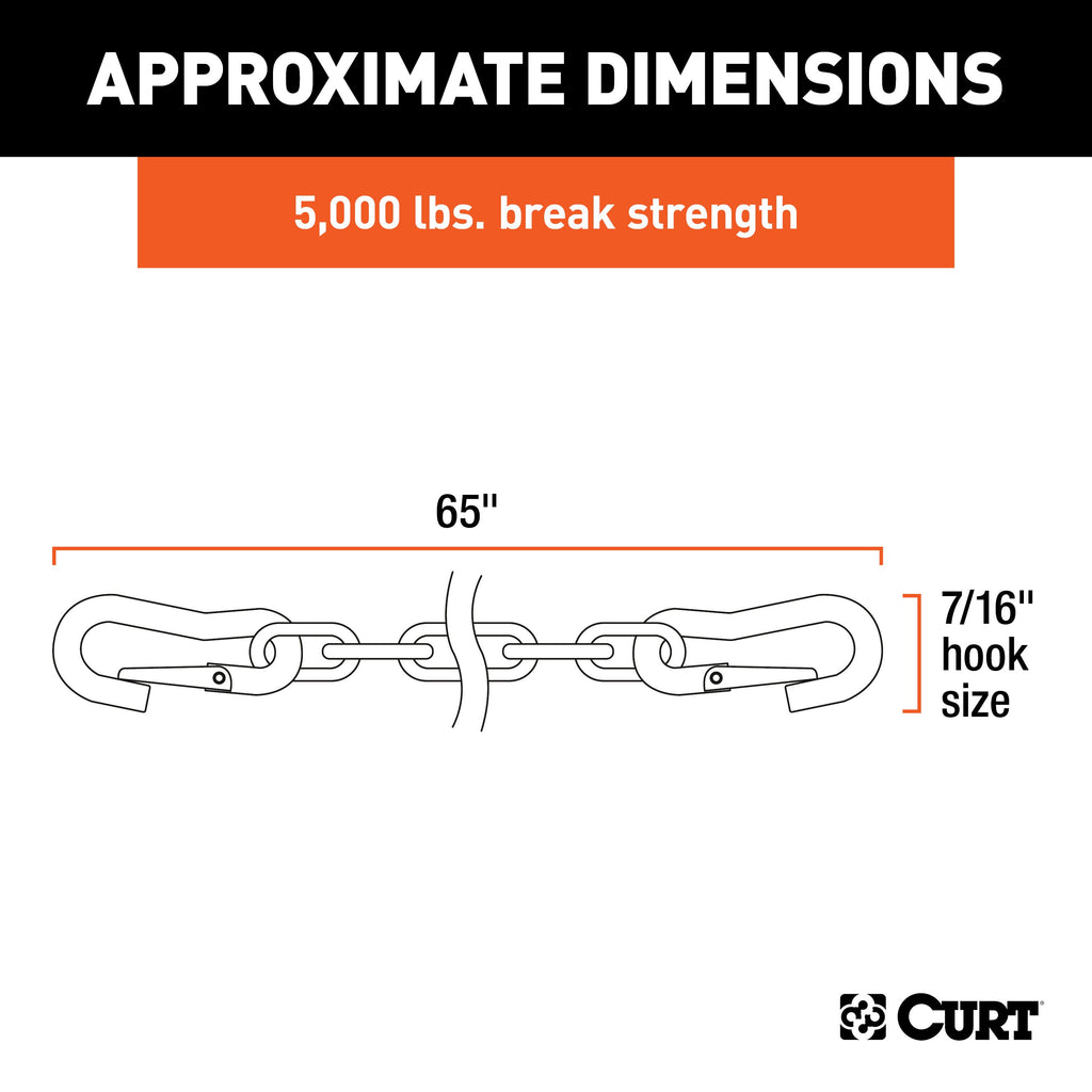 CURT 19749 65" Safety Chains with 2 Snap Hooks Each (5,000 lbs, Vinyl-Coated, 2-Pack)