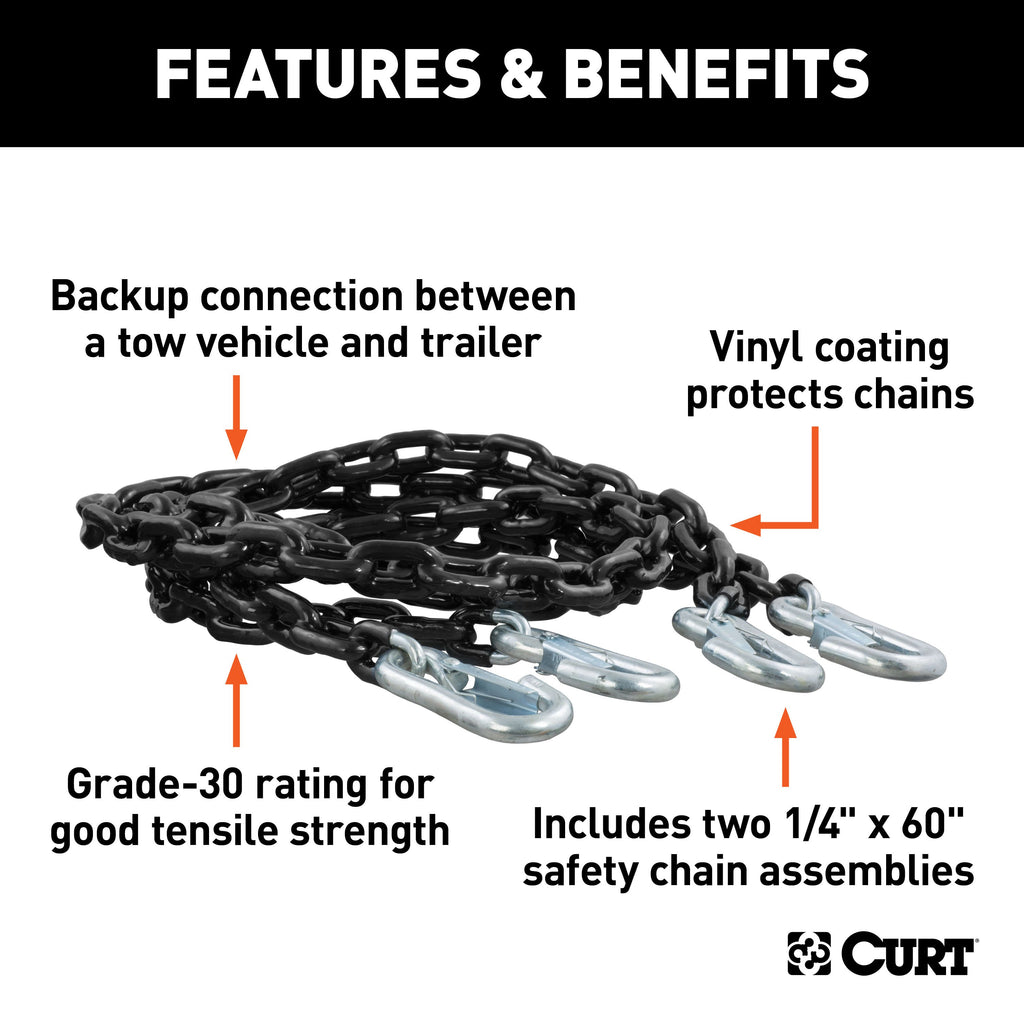 CURT 19749 65" Safety Chains with 2 Snap Hooks Each (5,000 lbs, Vinyl-Coated, 2-Pack)