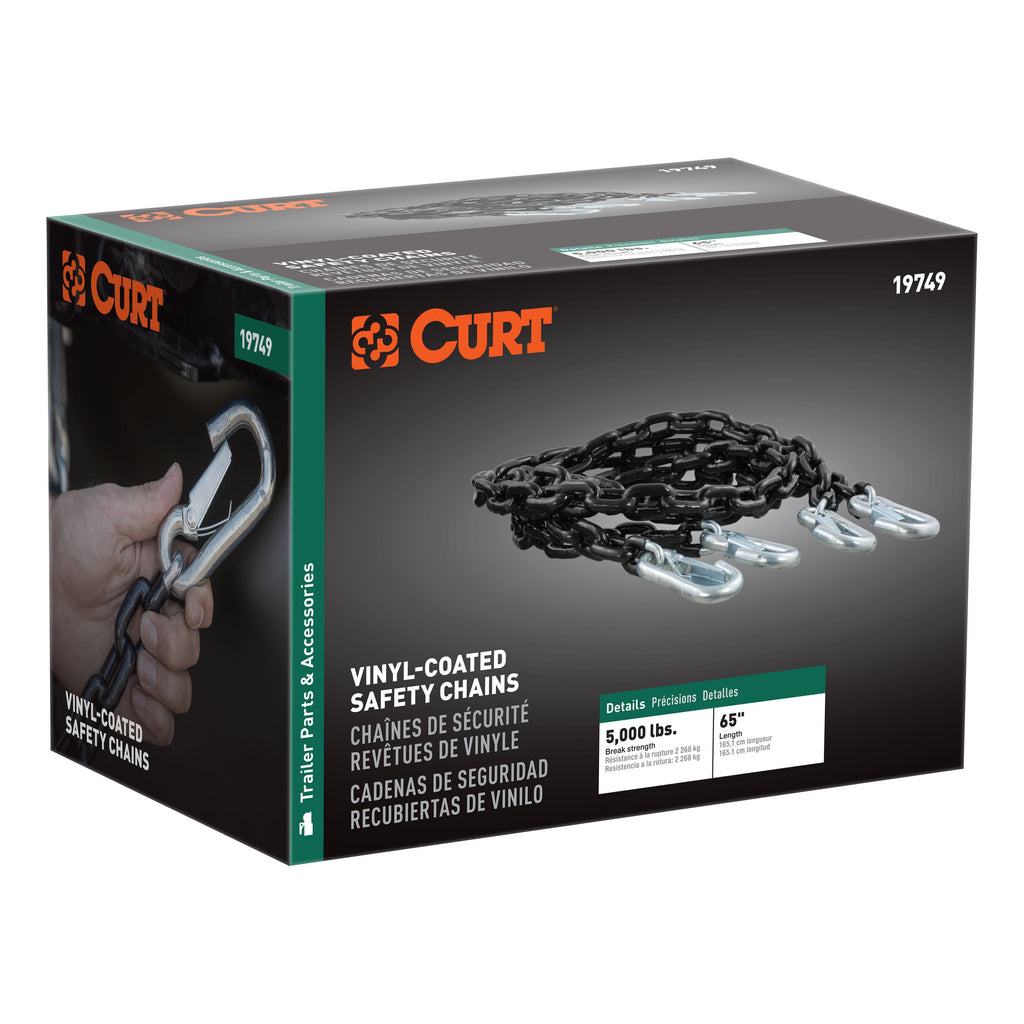 CURT 19749 65" Safety Chains with 2 Snap Hooks Each (5,000 lbs, Vinyl-Coated, 2-Pack)