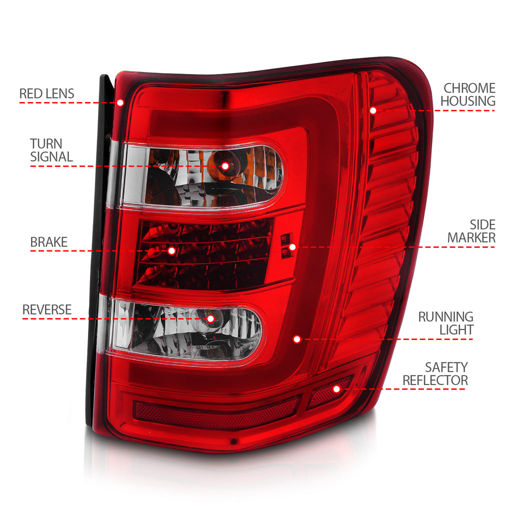 1999-2004-Jeep-Grand-Cherokee-Led-Tail-Lights-W-Light-Bar-Chrome-Housing-RedClear-Lens