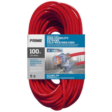 Prime Wire NS515835 100Ft. 12/3 SJTW -50C Hi-Vis Red Outdoor Extension Cord W/Primelight Indicator Light