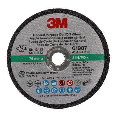 3M 01987 General Purpose Cut-Off Wheel, 3 in x 0.04 in x 3/8 in