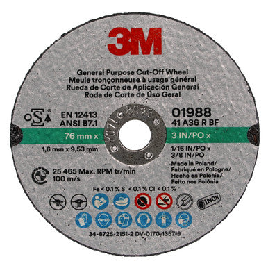 3M 01988 General Purpose Cut-Off Wheel, 3 in x 1/16 in x 3/8 in