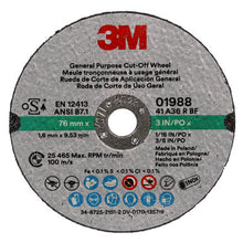 Load image into Gallery viewer, 3M 01988 General Purpose Cut-Off Wheel, 3 in x 1/16 in x 3/8 in