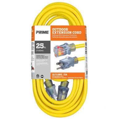 Prime Wire EC511825 25Ft 12/3 SJTW Yellow Jobsite Extension Cord W/ Primelight Indicator Light