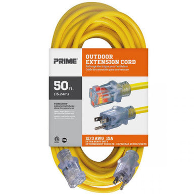 Prime Wire EC511830 50Ft. 12/3 SJTW Yellow Jobsite Extension Cord W/Primelight Indicator Light