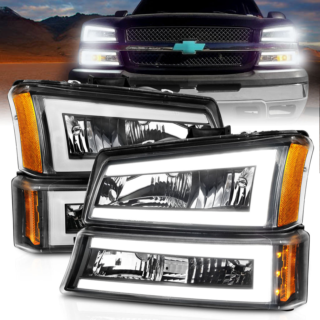 2003-2006-Chevrolet-Silverado-1500-Crystal-Headlights-W-Light-Bar-Black-Housing
