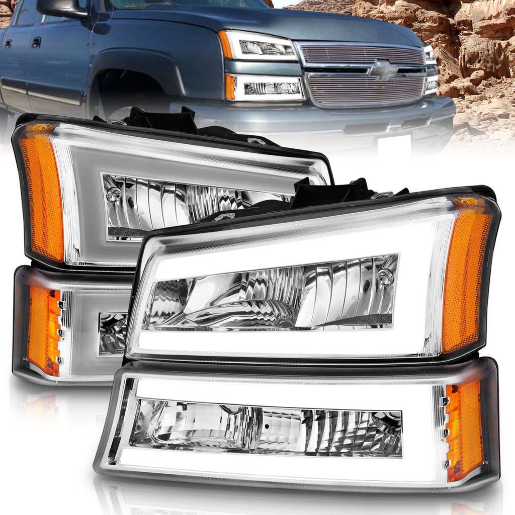 2003-2006-Chevrolet-Silverado-1500-Crystal-Headlights-W-Light-Bar-Chrome-Housing