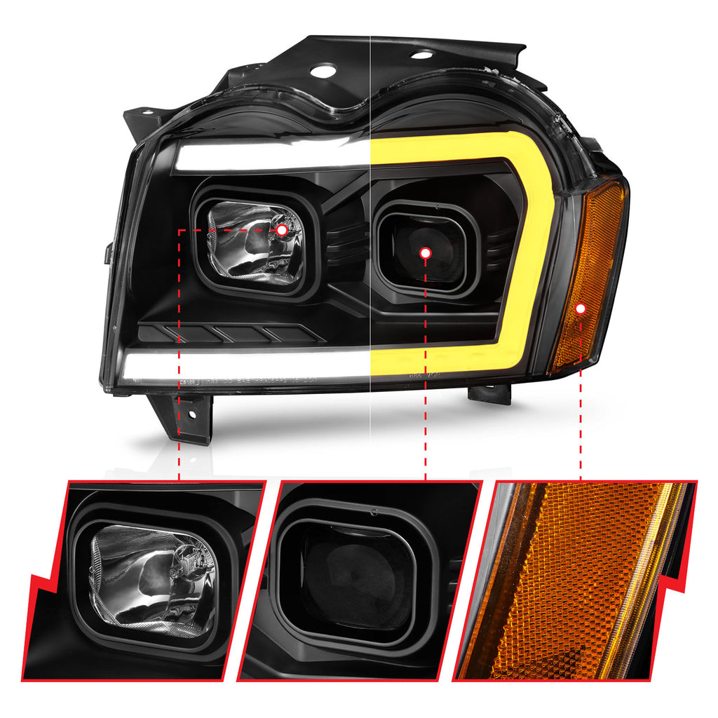 2005-2007-Jeep-Grand-Cherokee-Projector-Headlights-W-Light-Bar-Switchback-Black-Housing