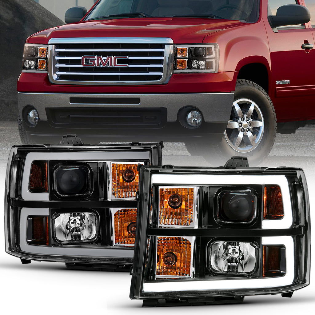 2007-2013-Gmc-Sierra-1500-Projector-Headlight-Plank-Style-Black-W-Clear-Lens-Amber