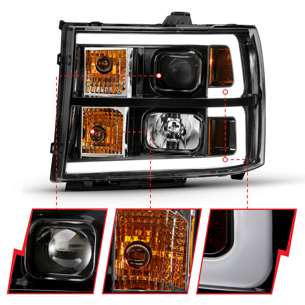 2007-2013-Gmc-Sierra-1500-Projector-Headlight-Plank-Style-Black-W-Clear-Lens-Amber