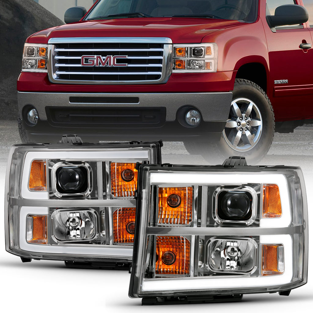 2007-2013-Gmc-Sierra-1500-Projector-Headlight-Plank-Style-Chrome-W-Clear-Lens-Amber