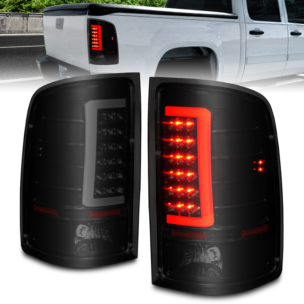2007-2013-Gmc-Sierra-Led-Tail-Lights-W-Light-Bar-Black-Housing-Smoke-Lens