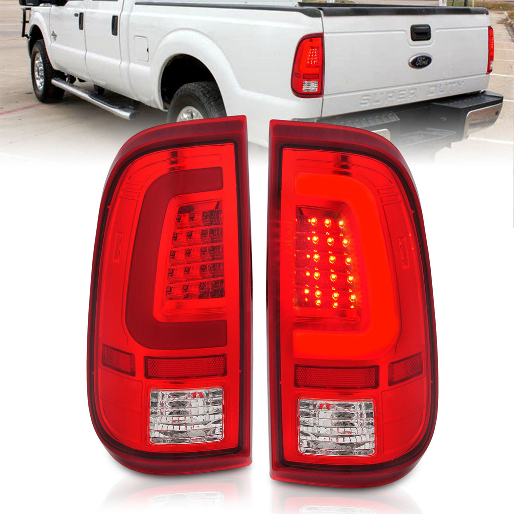 2008-2016-Ford-F-250-Led-Taillights-Chrome-Housing-RedClear-Lens-(Pair)