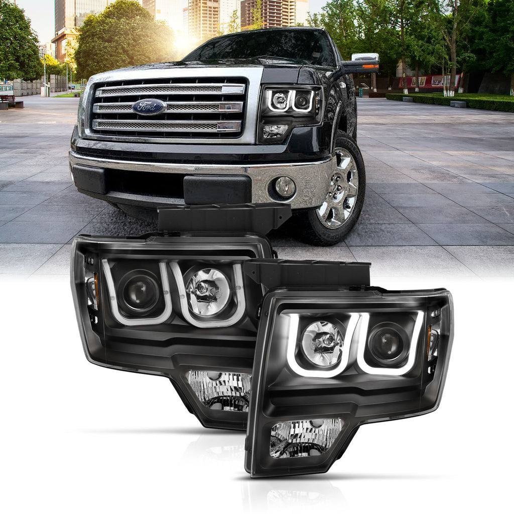 2009-2014-Ford-F-150-Projector-Headlights-W-U-Bar-Switchback-Black-W-Amber