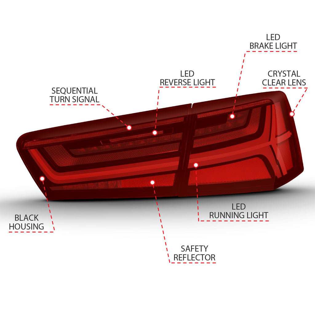 2012-2018-Audi-A6-Led-Taillight-Black-Housing-RedClear-Lens-4-Pcs-(Sequential-Signal)