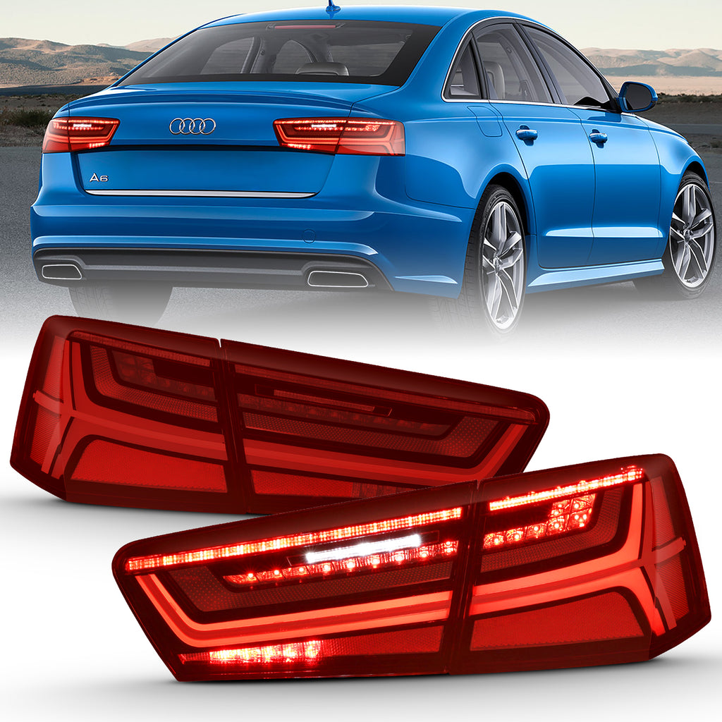 2012-2018-Audi-A6-Led-Taillight-Black-Housing-RedClear-Lens-4-Pcs-(Sequential-Signal)