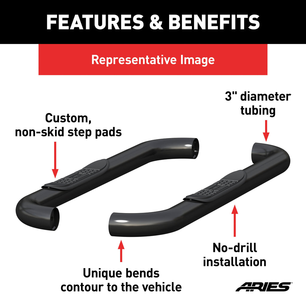 ARIES 203003 3" Round Black Steel Side Bars, Select Mazda B-Series, Ford Ranger for Select Ford Ranger