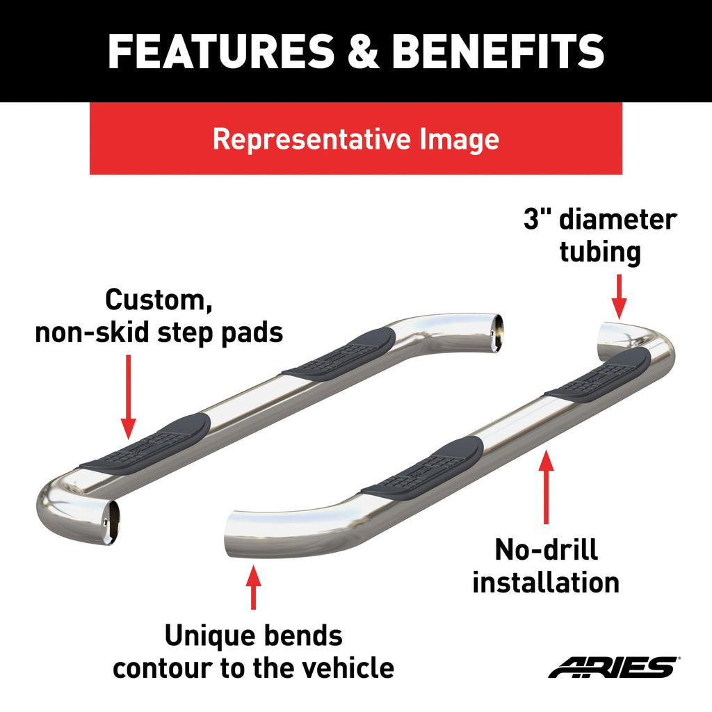 ARIES 203041-2 3in. Round Polished Stainless Side Bars; Select Ford Explorer - Truck Part Superstore