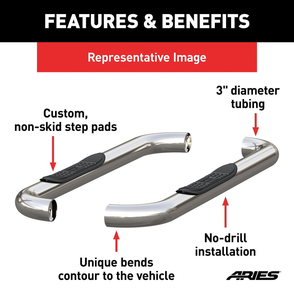 ARIES 204044-2 3" Round Polished Stainless Side Bars, Select Chevrolet, GMC Blazer K5 for Select Chevrolet K5 Blazer