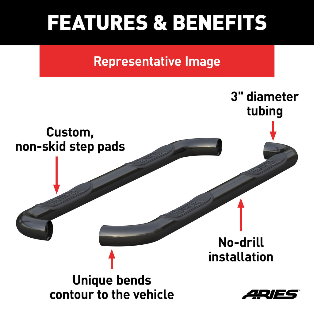 ARIES 205030 3" Round Black Steel Side Bars, Select Dodge, Ram 2500, 3500 for Select Ram 2500