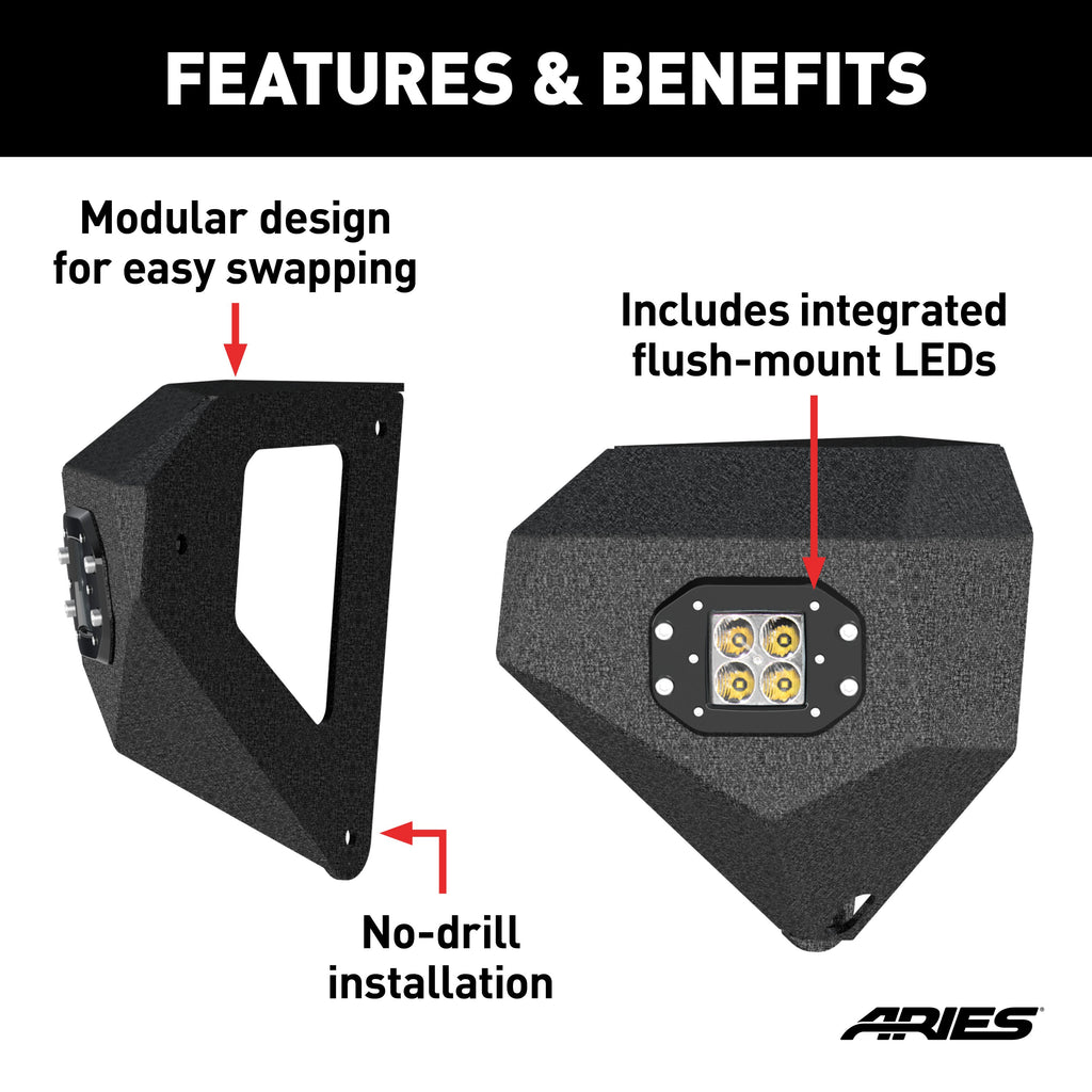 ARIES 2081200 TrailChaser Jeep Wrangler; Gladiator Steel Front Bumper Corners with LEDs - Truck Part Superstore