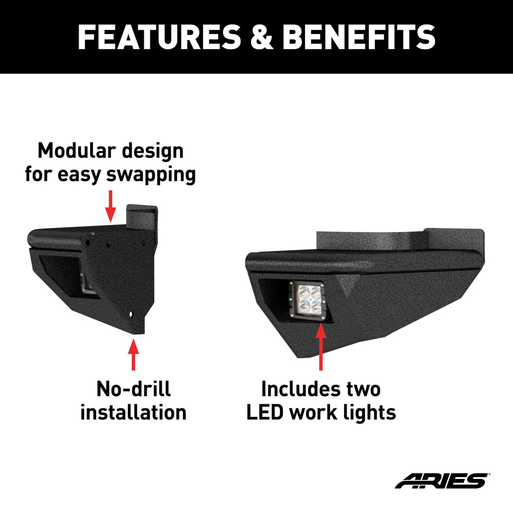 ARIES 2081223 TrailChaser Jeep Wrangler Aluminum Rear Bumper Corners with LEDs for Select Jeep Wrangler