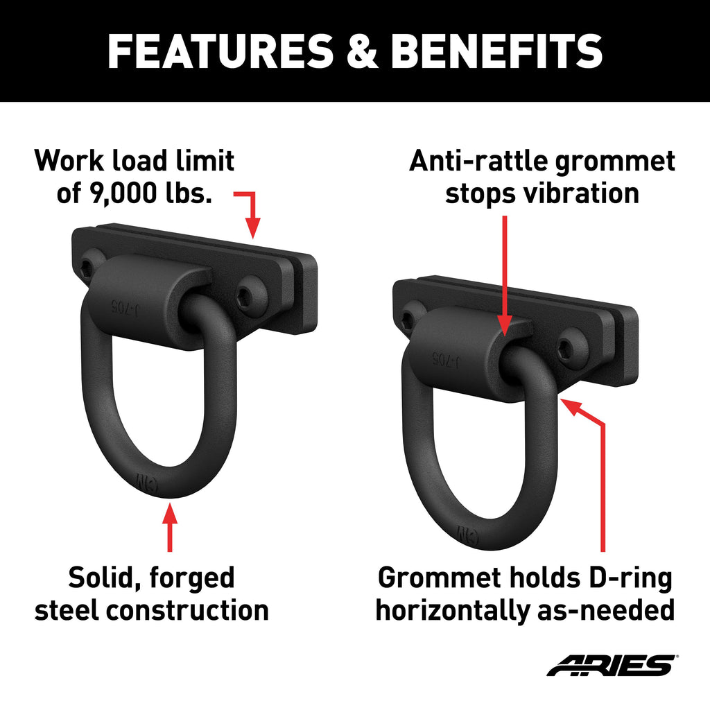 ARIES 2081300 Bolt-On Anti-Rattle D-Rings (9,000 lbs, 2-Pack)