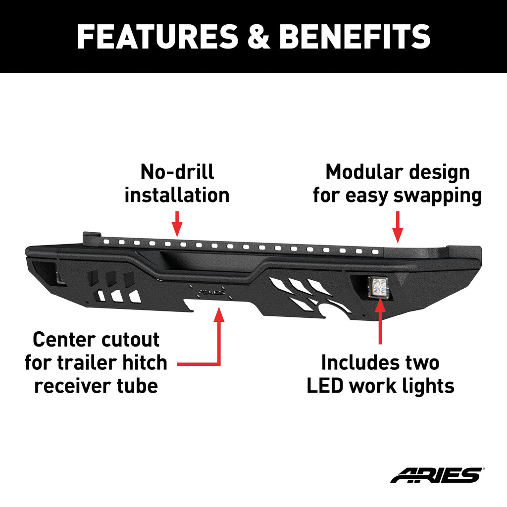 ARIES 2082060 TrailChaser Jeep Wrangler JK Steel Rear Bumper with LED Lights - Truck Part Superstore