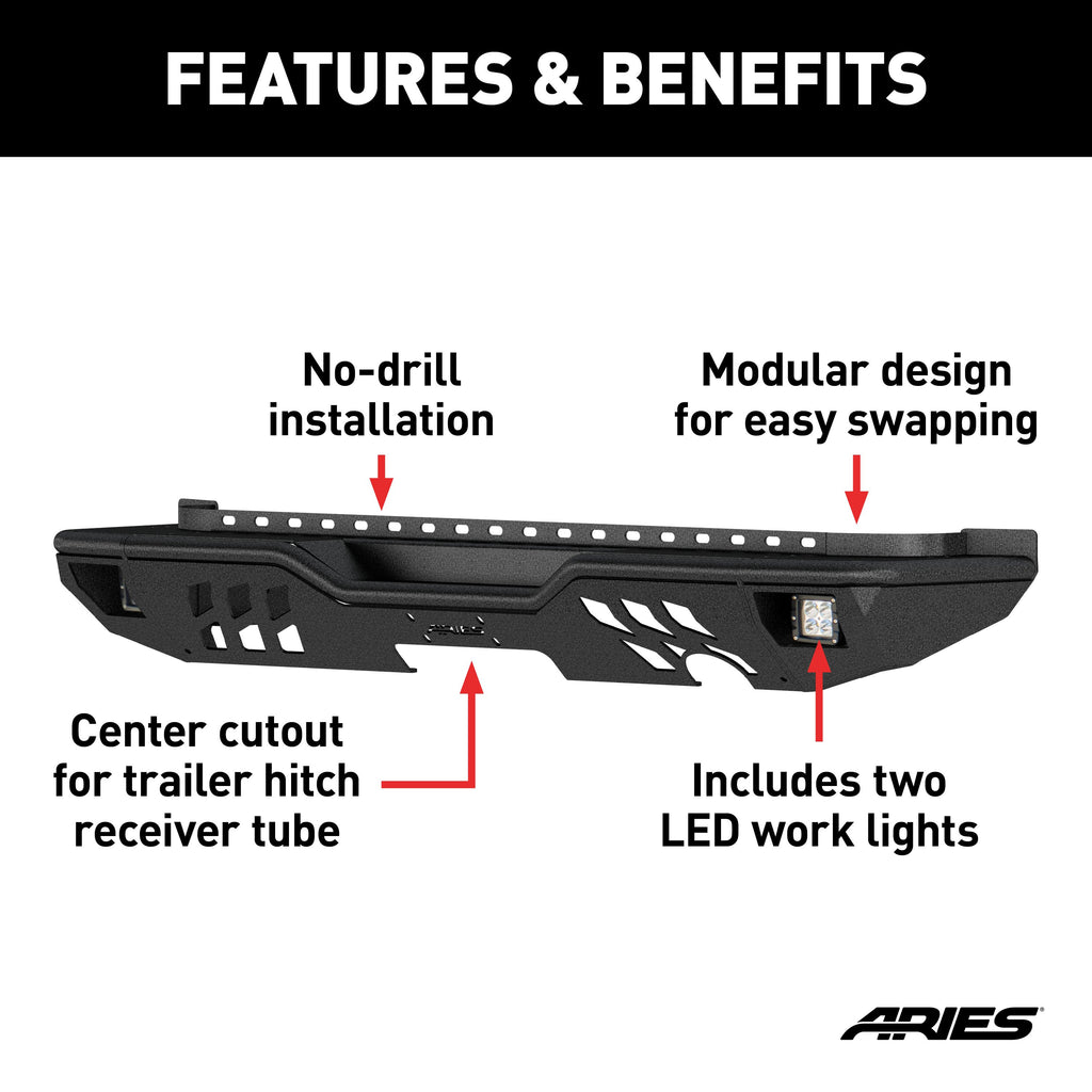 ARIES 2082061 TrailChaser Jeep Wrangler JK Aluminum Rear Bumper with LED Lights for Select Jeep Wrangler