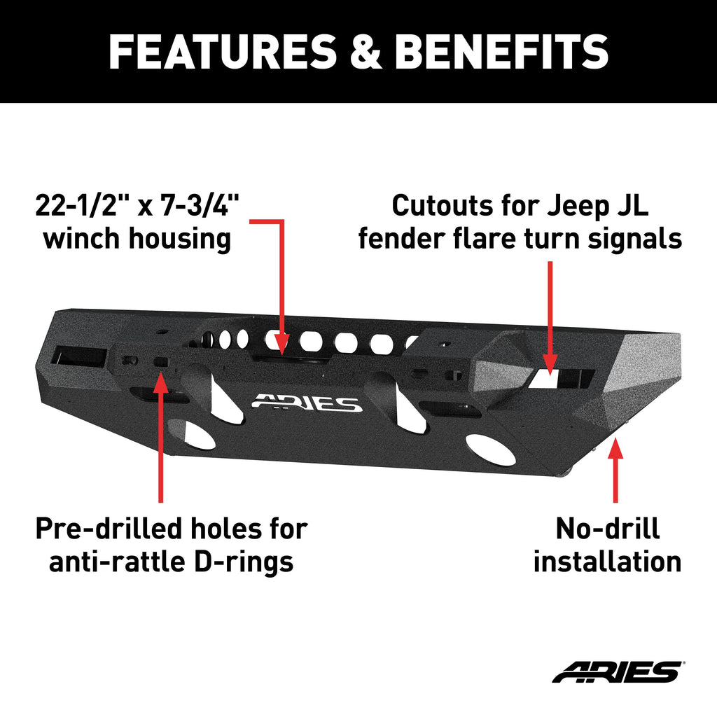 ARIES 2082076 TrailChaser Jeep Wrangler JL, Gladiator Aluminum Front Bumper (Option 7) for Select Jeep Wrangler