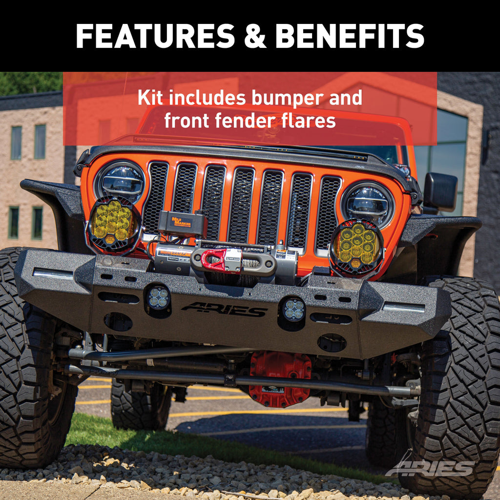 ARIES 2082077 TrailChaser Jeep Wrangler JL Aluminum Front Bumper with Fender Flares (Option 7) for Select Jeep Wrangler