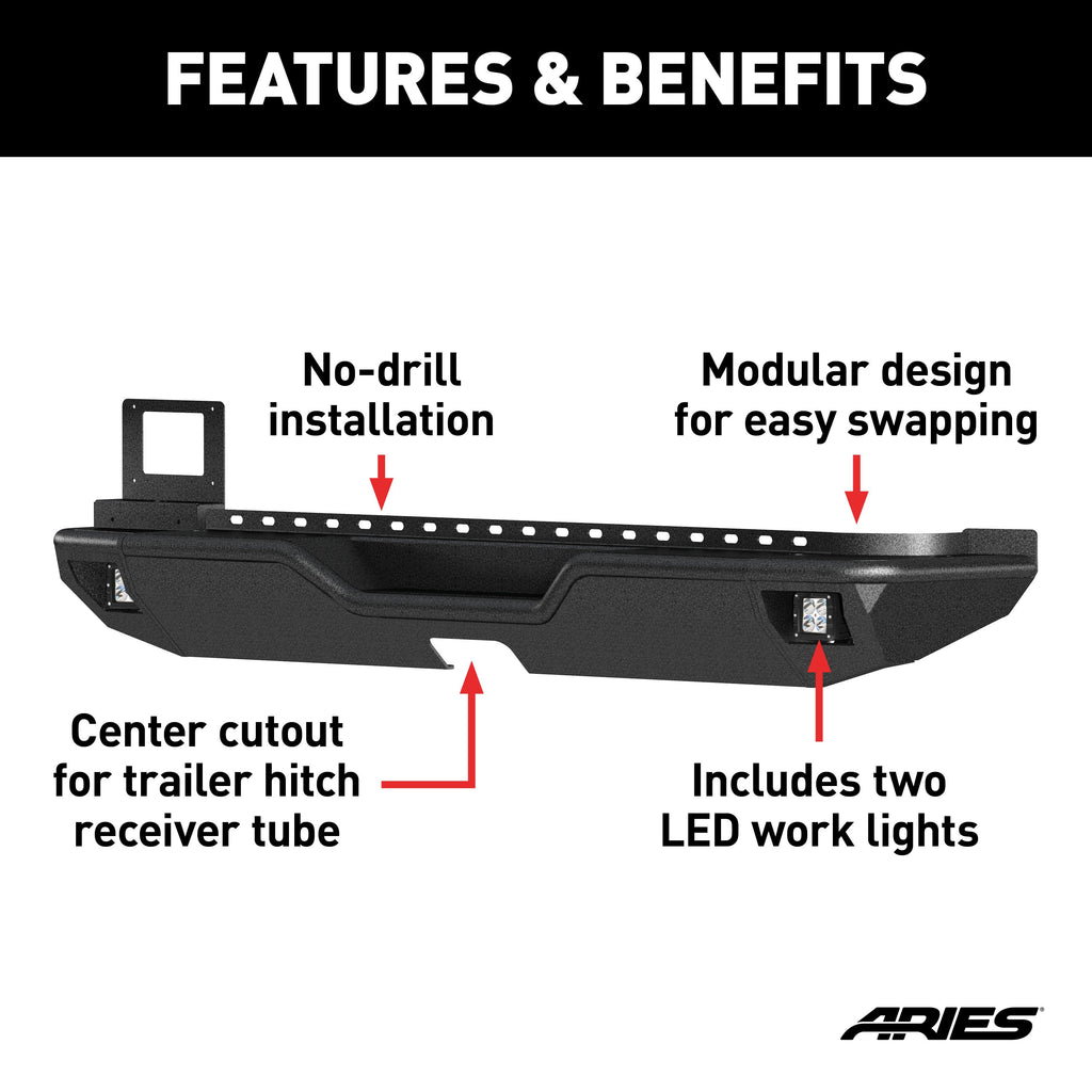 ARIES 2082083 TrailChaser Jeep Wrangler JL Aluminum Rear Bumper with LED Lights for Select Jeep Wrangler