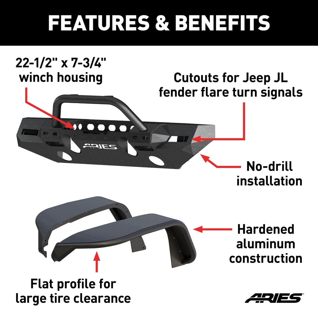 ARIES 2082086 TrailChaser Jeep Wrangler JL Front Bumper with Fender Flares (Option 8) - Truck Part Superstore