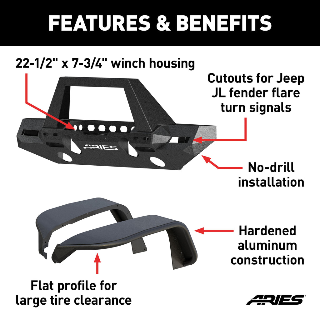 ARIES 2082087 TrailChaser Jeep JL; Gladiator Front Bumper with Fender Flares (Option 9) - Truck Part Superstore