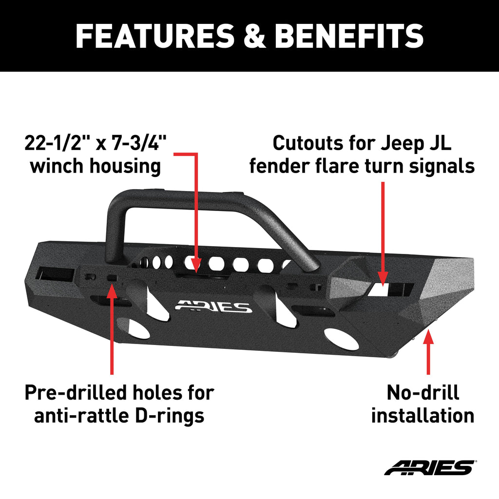 ARIES 2082088 TrailChaser Jeep Wrangler JL; Gladiator Steel Front Bumper (Option 8) - Truck Part Superstore