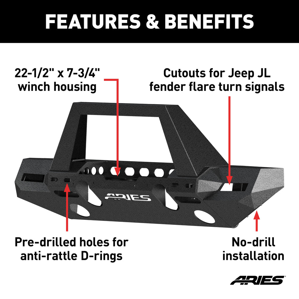 ARIES 2082089 TrailChaser Jeep Wrangler JL; Gladiator Steel Front Bumper (Option 9) - Truck Part Superstore